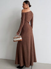 Aloruh Elegant Vintage Dark Coffee Velvet Asymmetric Shoulder Top And A-Line Skirt 2Pcs Outfit Set, Warm For Autumn/Winter